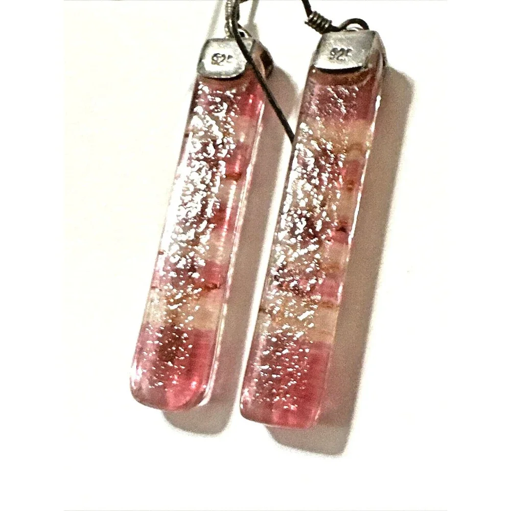 Artisan Lampwork Glass Bar Earrings Pink Gold Horizontal Stripe 925 Silver 1.5